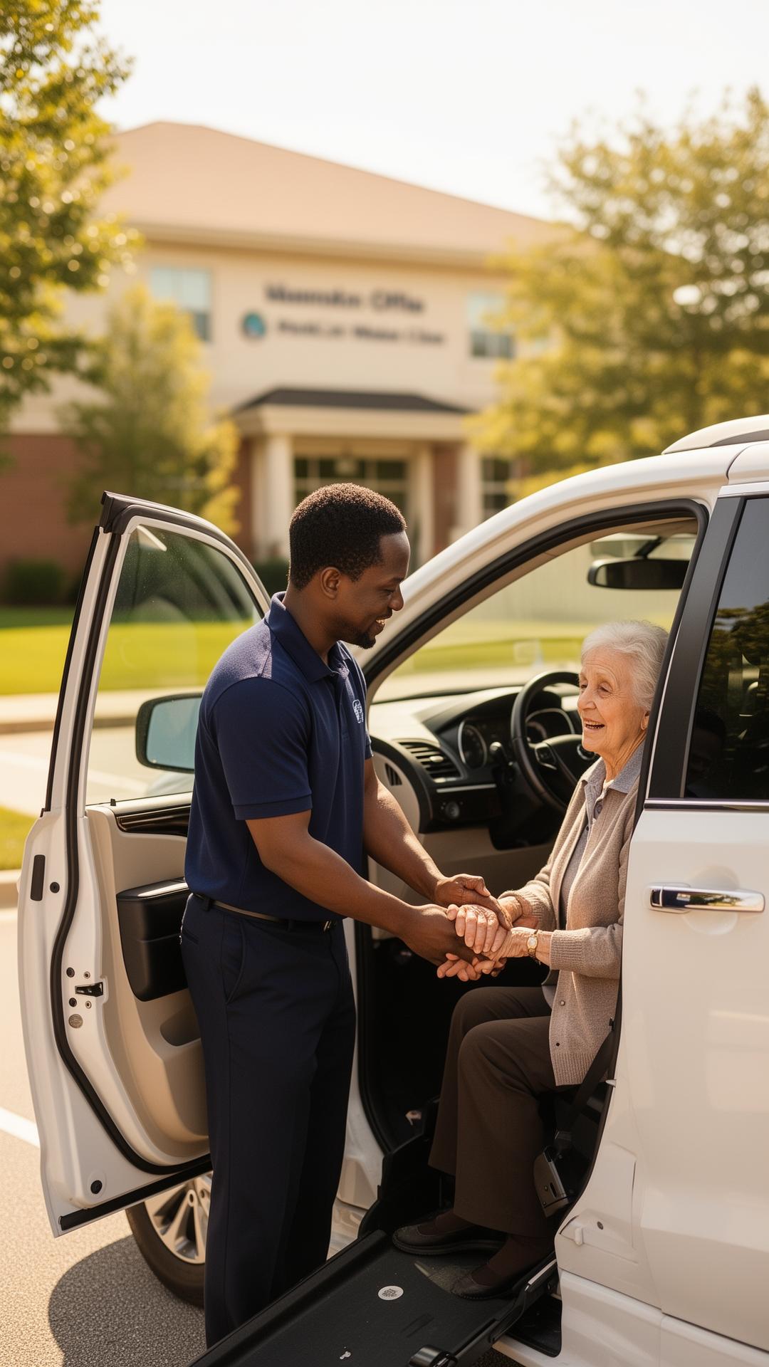 A Hubrom driver gently helps an older passenger out of a clean, accessible vehicle outside a medical office