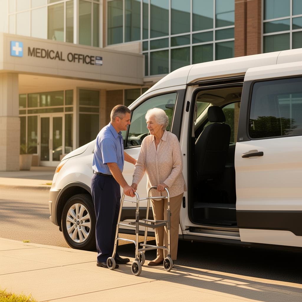A Hubrom driver assists a passenger with a walker outside a medical office